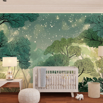 Kids-Mundo starry forest wall mural on a kids bedroom wall, creating a magical woodland backdrop.