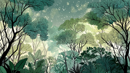 Kids-Mundo flat artwork of a layered enchanted forest under a starry night sky in teal and green.