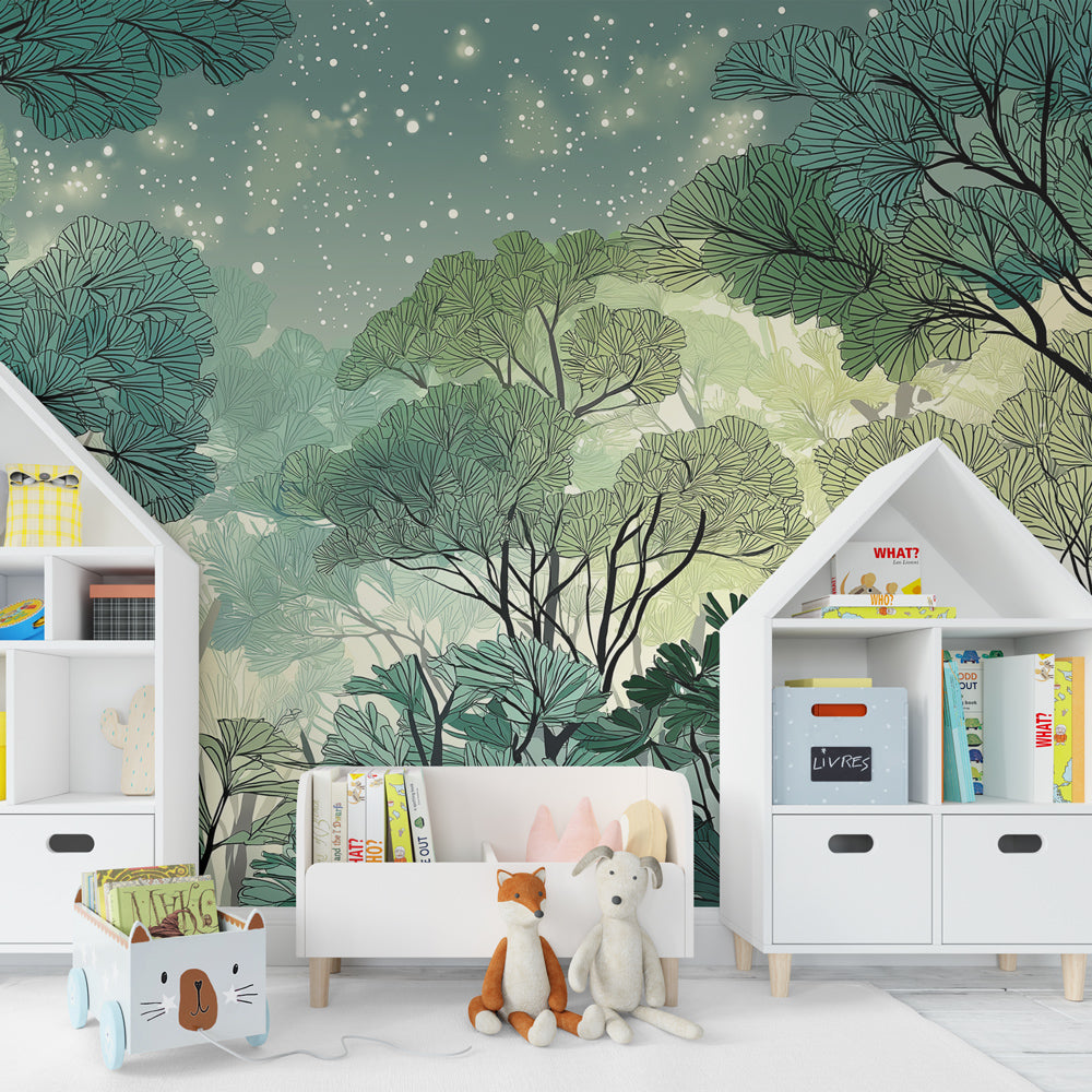 Kids-Mundo enchanted forest mural styled in a playroom, filled with teal trees and twinkling stars.