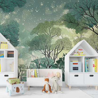 Kids-Mundo enchanted forest mural styled in a playroom, filled with teal trees and twinkling stars.