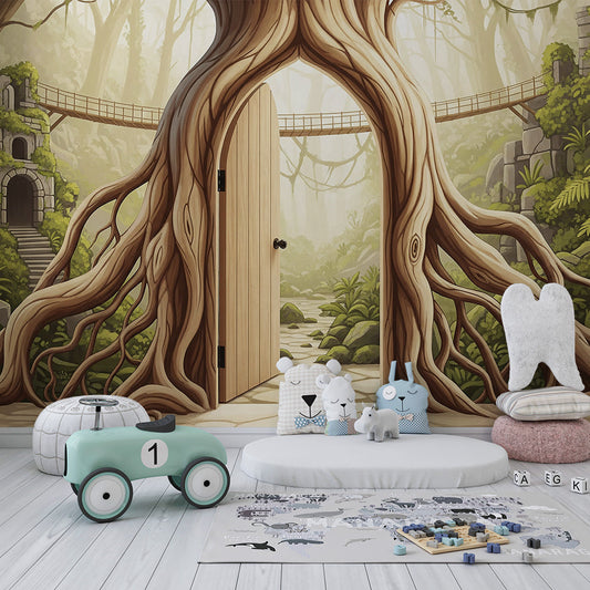 Kids-Mundo tree door jungle mural covering a feature wall in a cosy kids bedroom