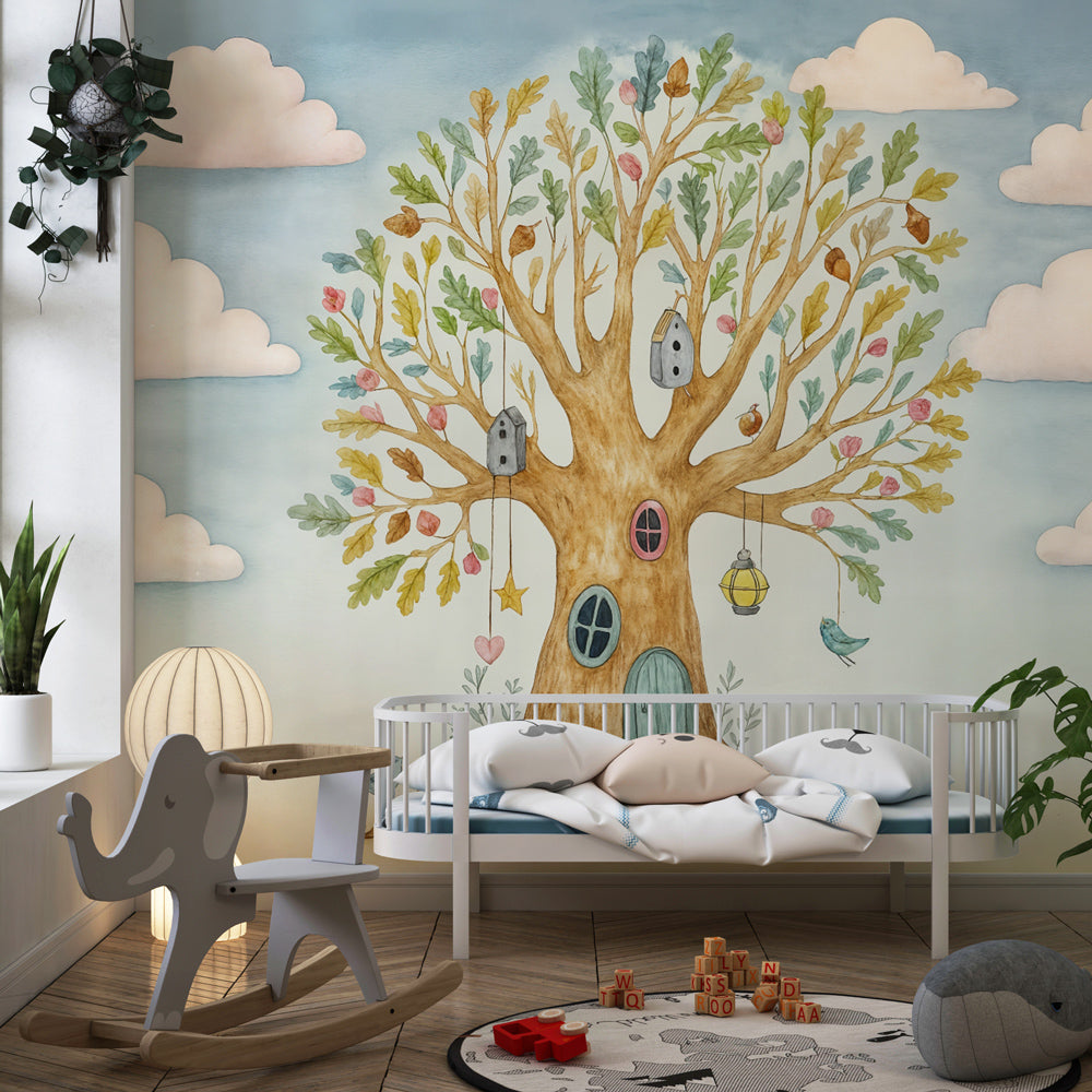 Fairy tale tree wallpaper creating magical atmosphere in children's bedroom