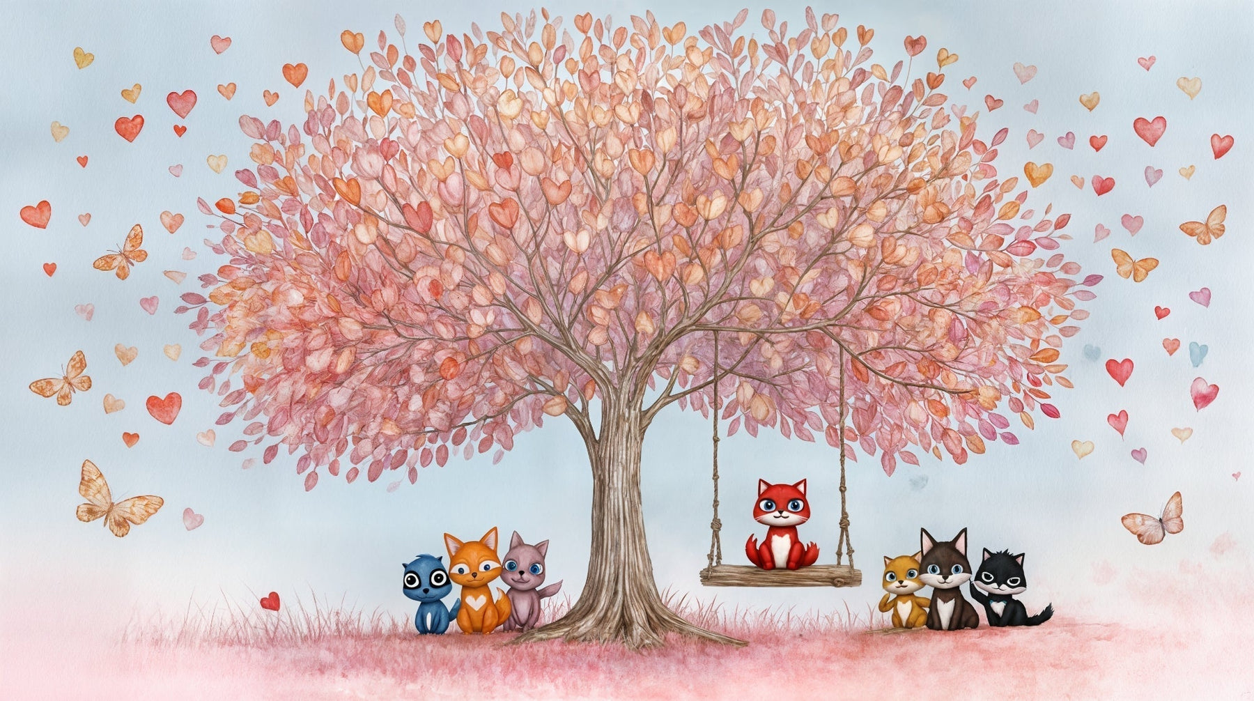 Detailed enchanted tree mural wallpaper design pattern with cute animals and swing by Kids-Mundo