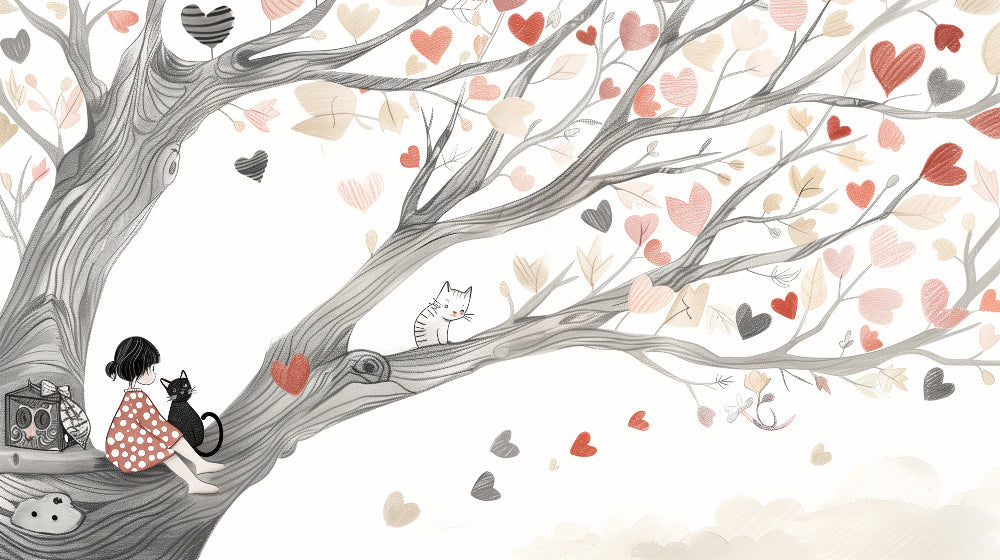 Detailed enchanted tree mural wallpaper design pattern with cats and hearts by Kids-Mundo