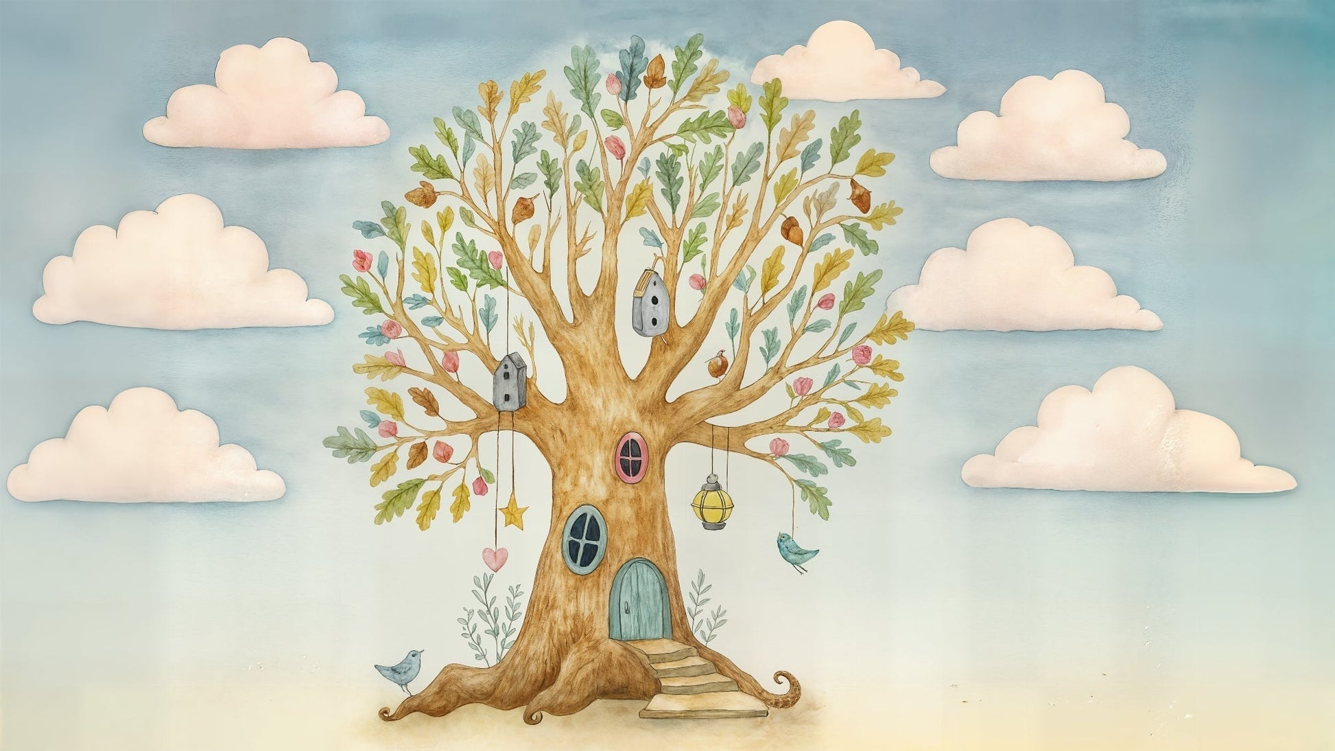 Detailed enchanted tree mural wallpaper design pattern with fairy tale elements by Kids-Mundo