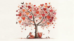Detailed enchanted tree mural wallpaper design pattern with hearts, foxes and birds by Kids-Mundo