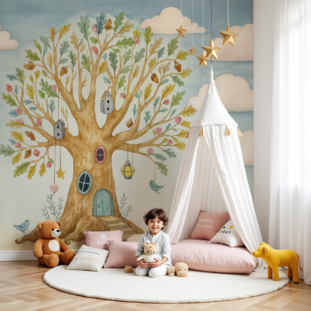 Enchanted tree mural wallpaper in modern nursery with fairy tale decor by Kids-Mundo