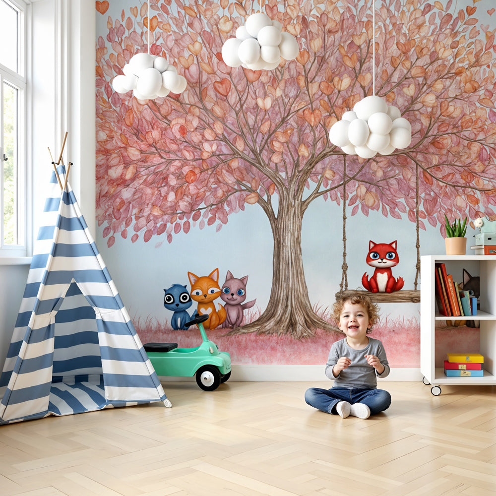 Enchanted tree mural wallpaper with cute animals creating magical nursery decor by Kids-Mundo