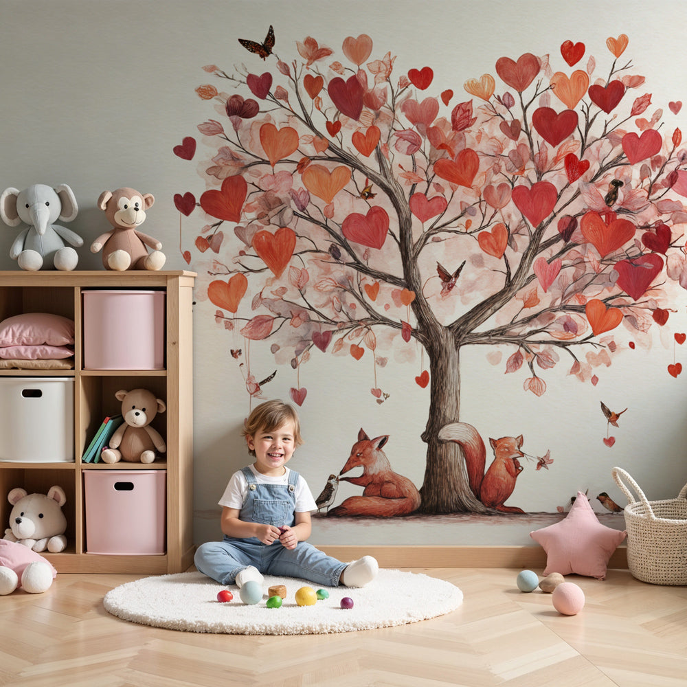 Enchanted tree mural wallpaper with heart leaves and foxes in modern nursery by Kids-Mundo