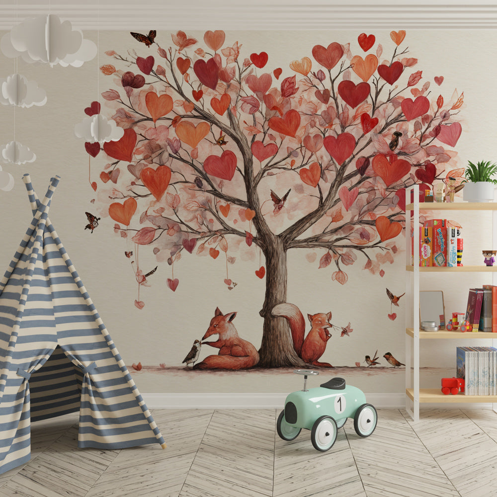 Heart-shaped leaves tree wallpaper transforming playroom into fairy-tale forest setting