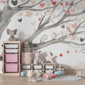 Whimsical cat tree wallpaper transforming children's playroom into enchanted space