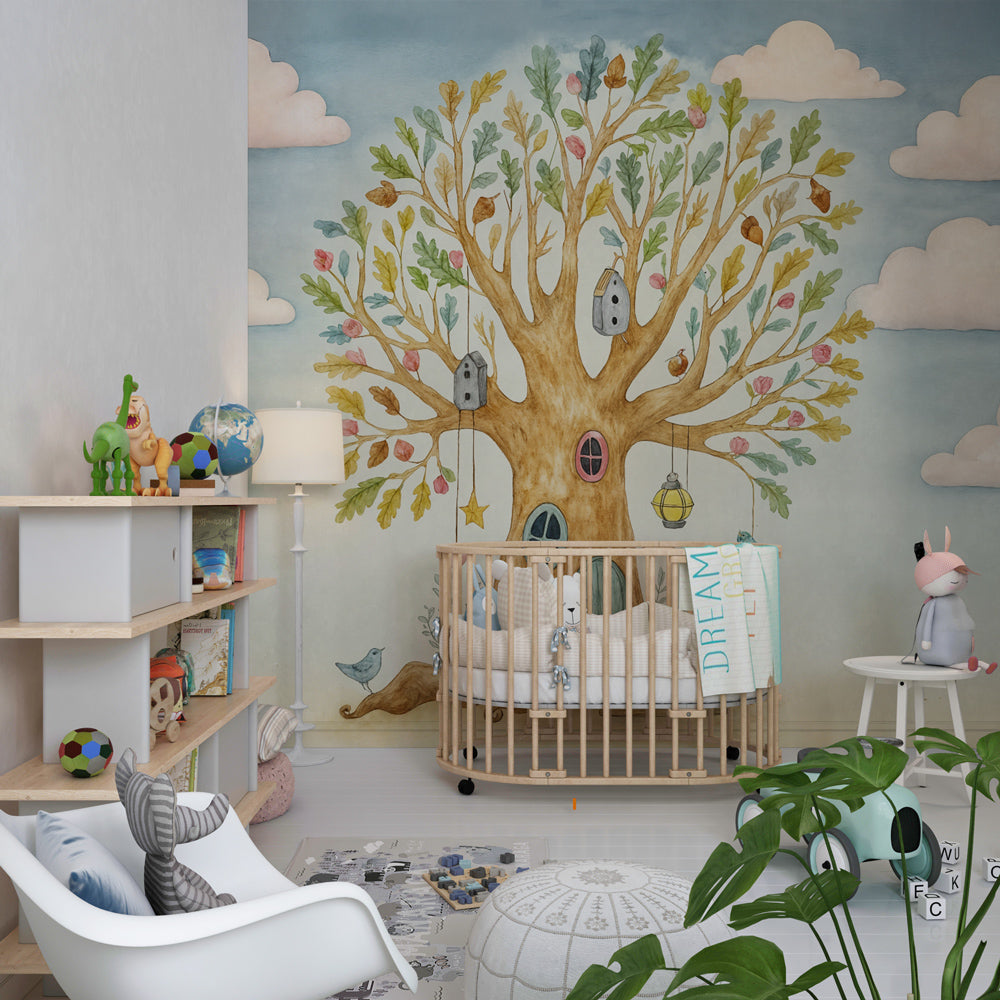 Whimsical tree mural wallpaper with birdhouses and lanterns for kids playroom