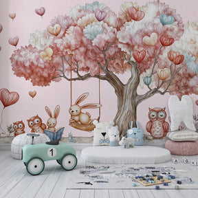 Fantasy woodland mural wallpaper transforming kids playroom into enchanted forest space