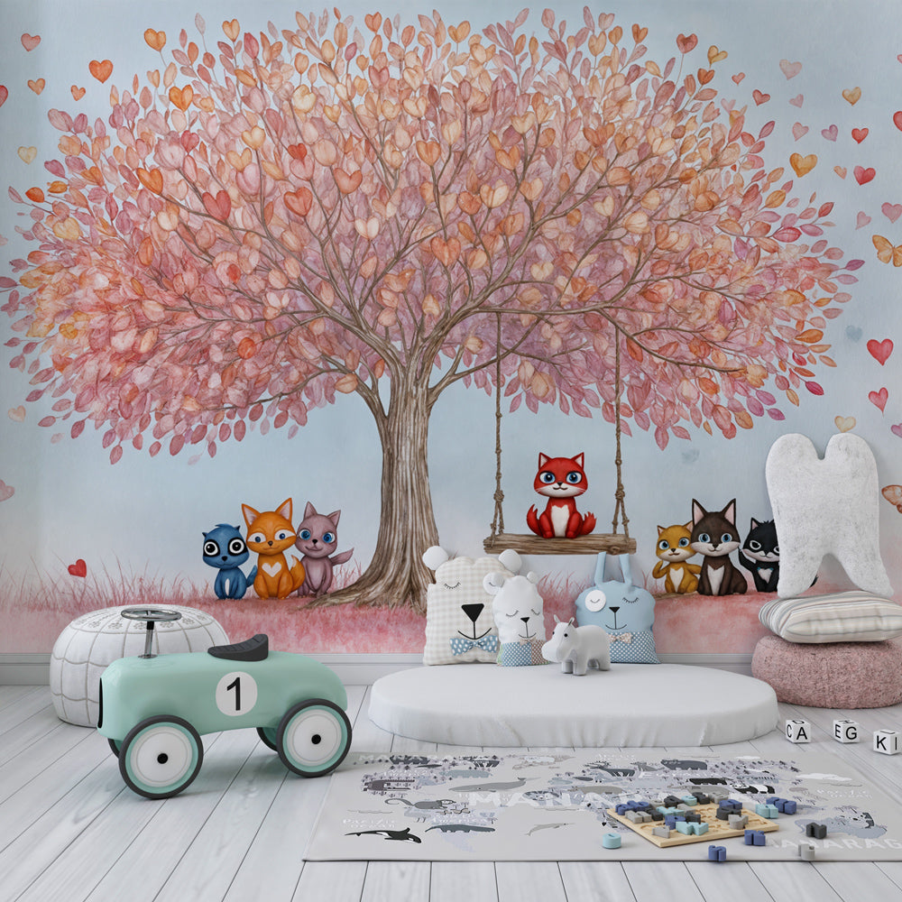 Animal tree mural wallpaper creating whimsical playroom atmosphere for children by Kids-Mundo