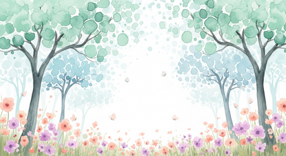 Kids-Mundo flat artwork of the watercolour forest with flowers used for the wall mural