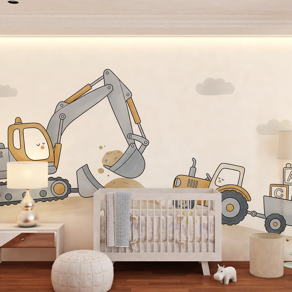Kids-Mundo excavator and alphabet tractor wall mural behind a bed in a kids bedroom.