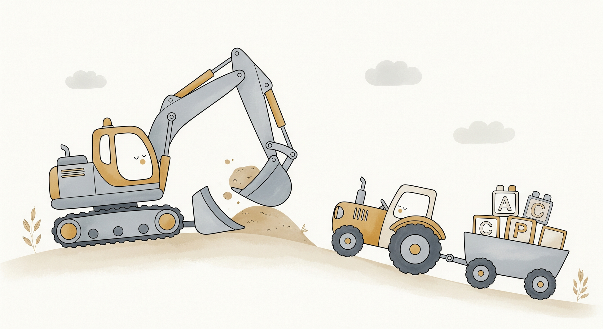 Kids-Mundo flat artwork preview of the excavator and alphabet block tractor wall mural.