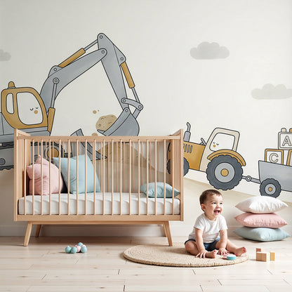 Kids-Mundo excavator and alphabet tractor wall mural styled in a calm nursery.
