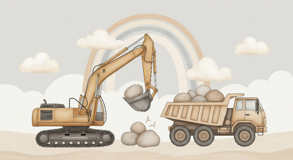 Kids-Mundo flat artwork of an excavator loading rocks into a dump truck beneath a rainbow.