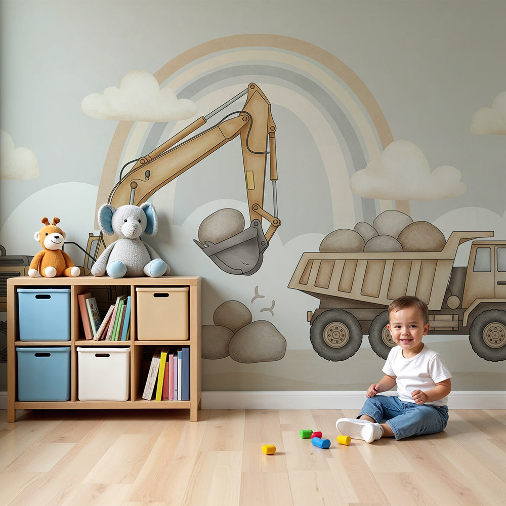 Kids-Mundo excavator and dump truck wall mural in a nursery with a white cot and soft rug.