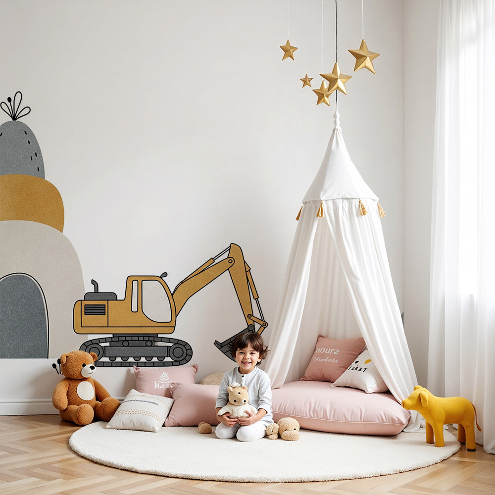 Kids-Mundo yellow excavator wall mural styled above a cot in a minimal neutral nursery room