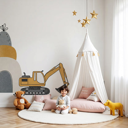 Kids-Mundo yellow excavator wall mural styled above a cot in a minimal neutral nursery room