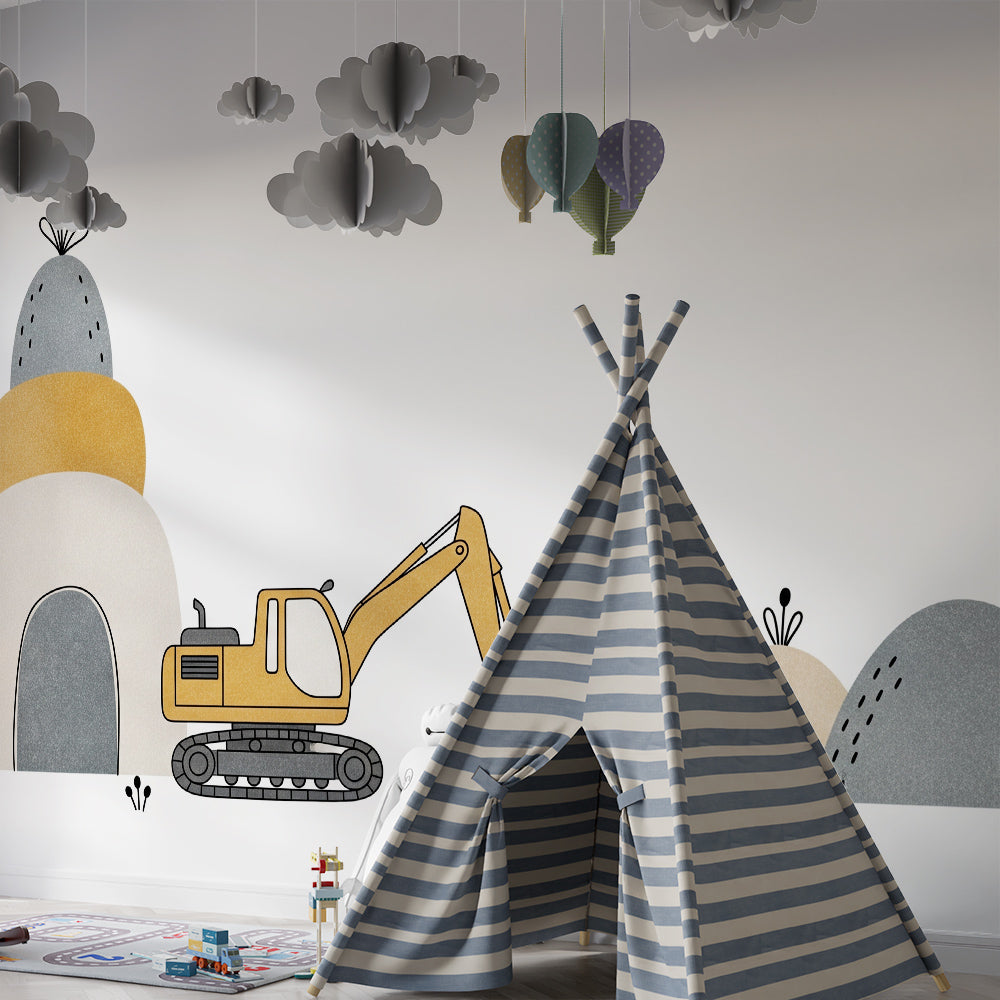 Kids-Mundo yellow excavator wall mural brightening a simple, bright children's playroom wall
