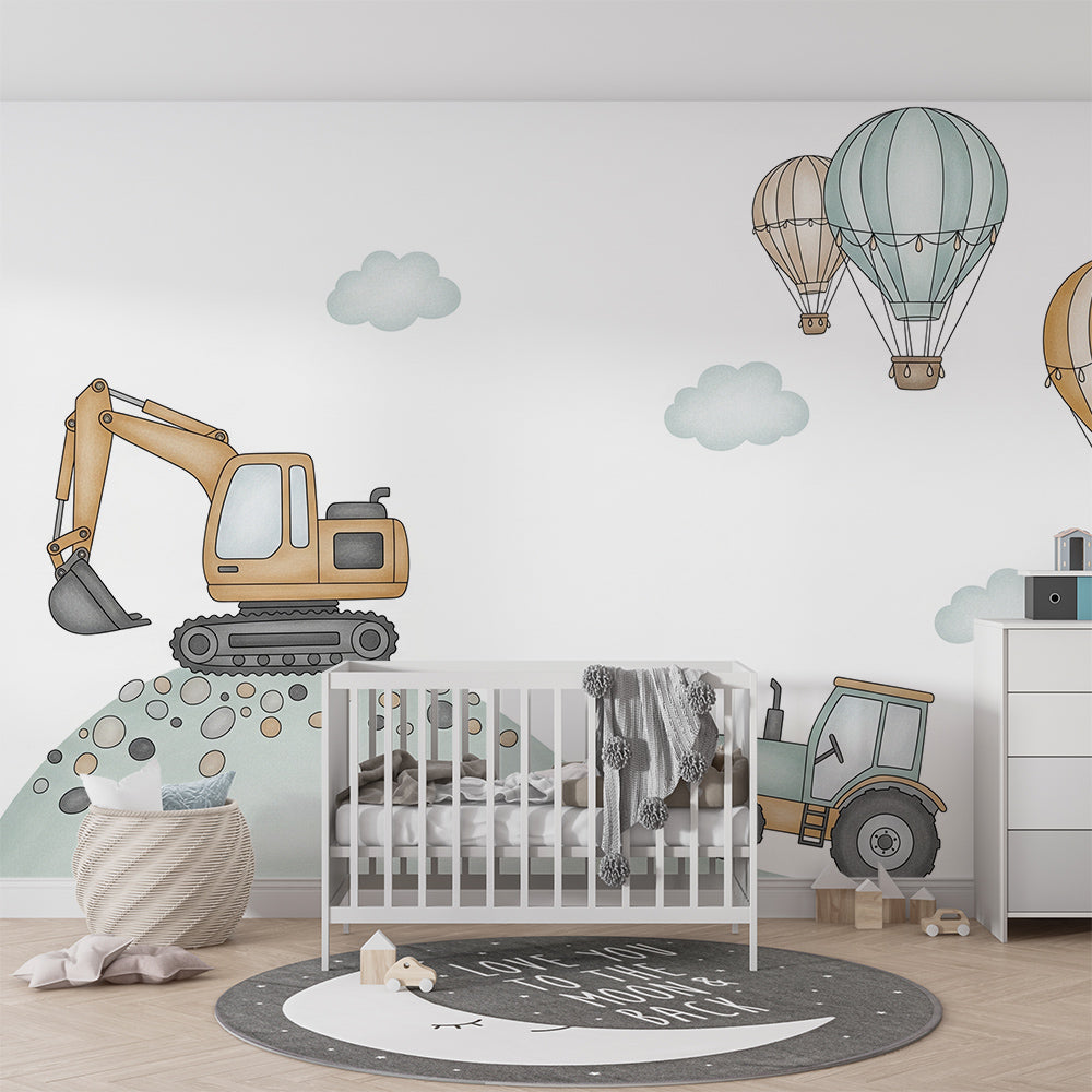 Kids-Mundo excavator hill mural styled in a kids bedroom with hot air balloons drifting by