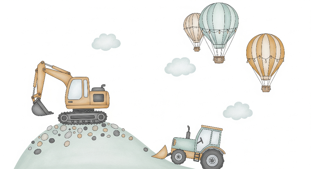 Excavator on the Hill with Tractor Wall Mural