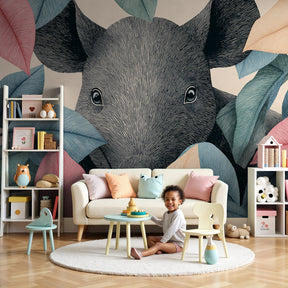 Exotic animals mural wallpaper with colorful foliage in modern nursery by Kids-Mundo