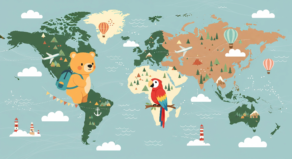 Flat artwork of the Kids-Mundo colourful world map design with explorer bear, macaw and hot air balloon details