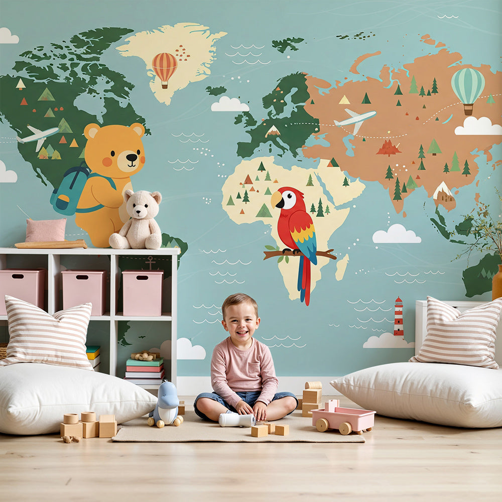 Kids-Mundo colourful explorer world map wall mural printed to size in a bright nursery with bear and parrot details