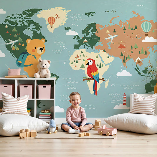 Kids-Mundo colourful explorer world map wall mural printed to size in a bright nursery with bear and parrot details