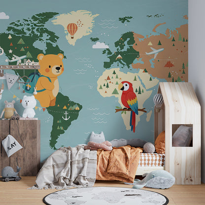 Kids-Mundo colourful world map wall mural in a playroom, showing a macaw, lighthouses and biplanes