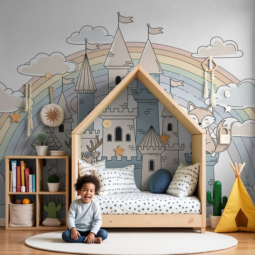 Fairy castle mural wallpaper with animals and rainbow in modern kids bedroom by Kids-Mundo