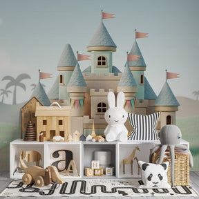 Children's bedroom featuring fairy castle wallpaper with sparkling towers and colorful flags by Kids-Mundo
