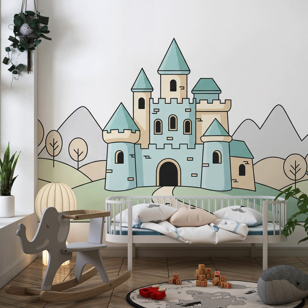 Enchanted castle wallpaper transforming children's bedroom into storybook kingdom with blue tones