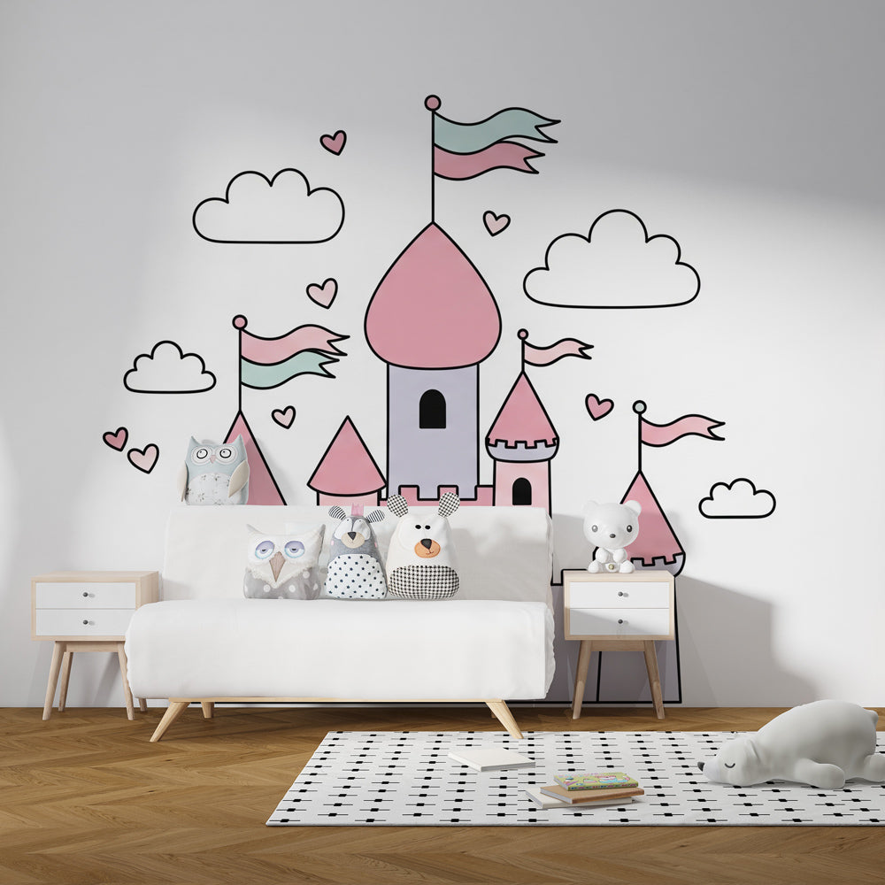 Pastel castle wallpaper creating magical children's bedroom atmosphere with clouds and hearts