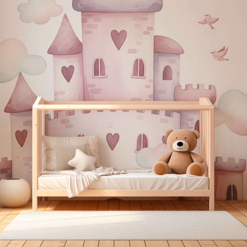 Pastel castle wallpaper transforming kids bedroom into fairytale kingdom by Kids-Mundo