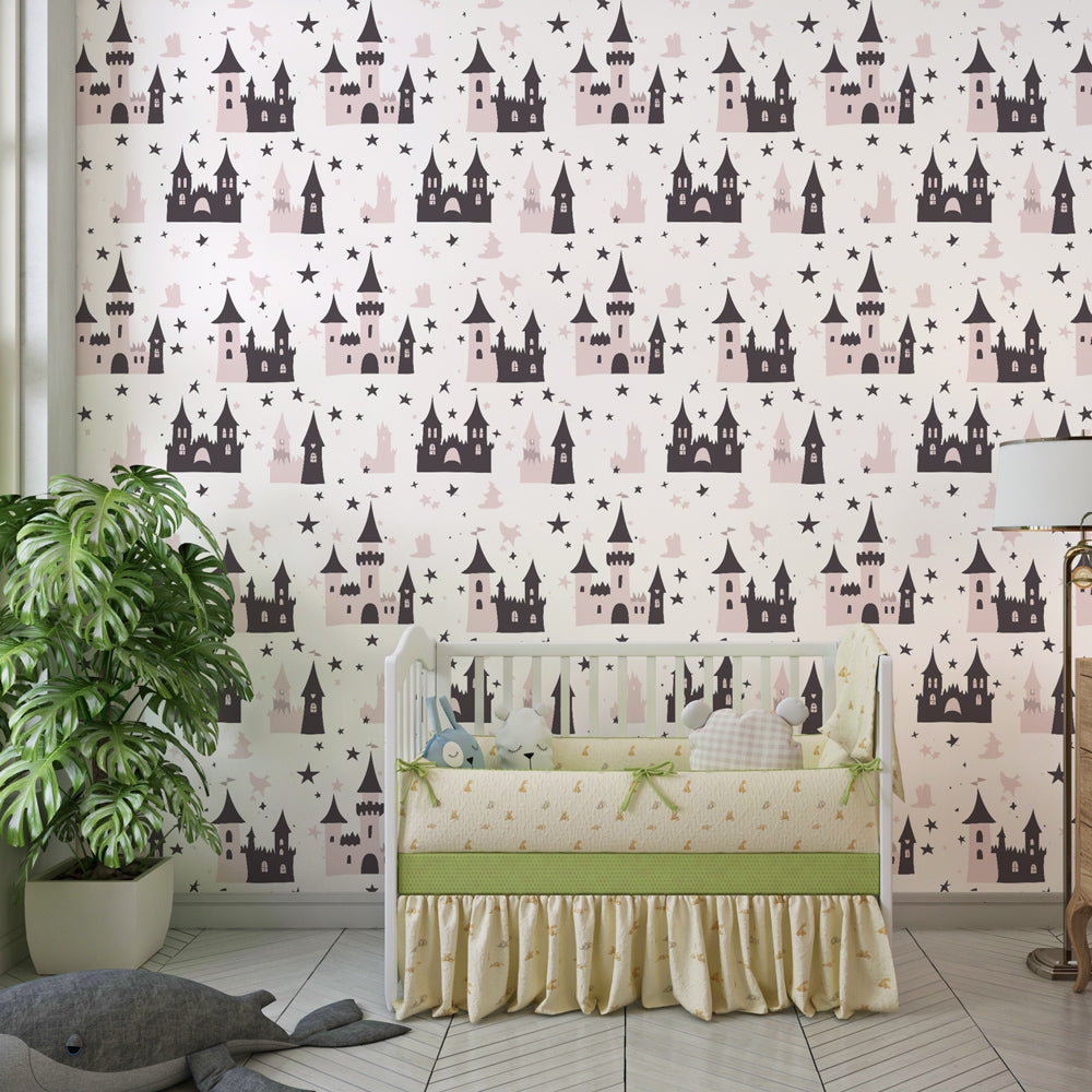 Fantasy castle mural wallpaper installed in kids room with matching decor and furniture