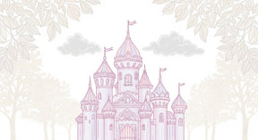 Detailed fairy castle mural wallpaper design pattern with pastel towers and cloud motifs by Kids-Mundo