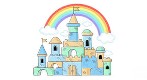 Detailed fairy castle with rainbow mural wallpaper design pattern by Kids-Mundo