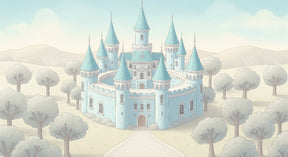 Detailed fairy castle mural wallpaper design pattern with blue turrets by Kids-Mundo