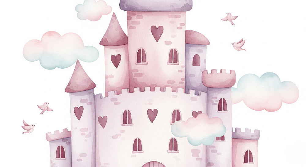 Detailed fairy castle mural wallpaper design pattern with pastel clouds by Kids-Mundo
