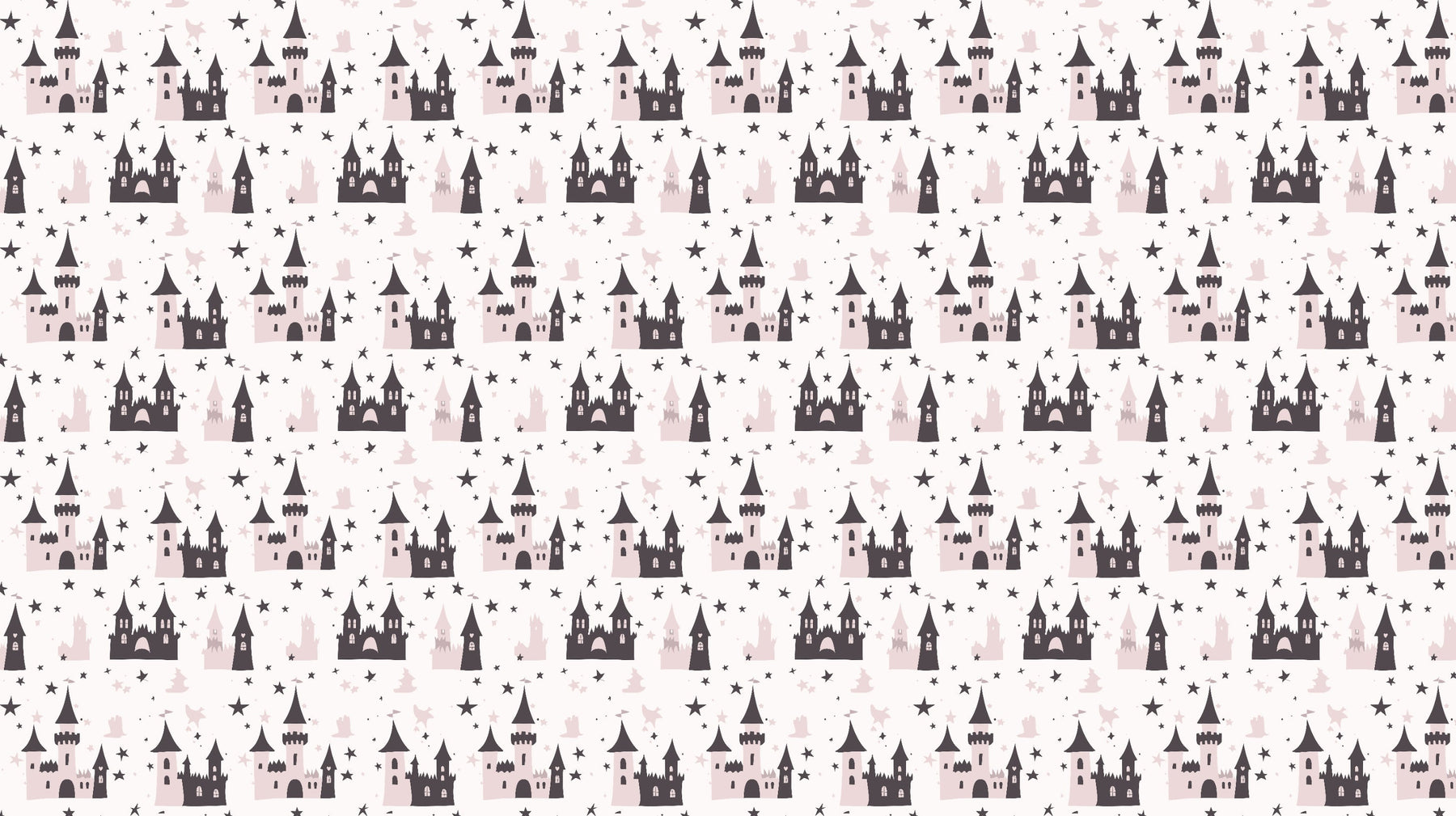 Detailed fairy castle mural wallpaper design pattern with pink castles and stars by Kids-Mundo