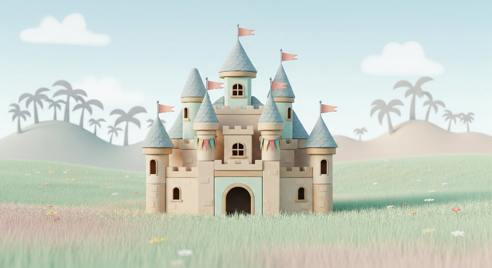 Detailed fairy castle mural wallpaper design pattern showing enchanted landscape by Kids-Mundo