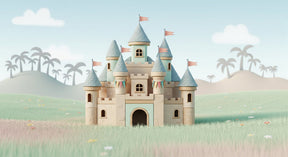 Detailed fairy castle mural wallpaper design pattern showing enchanted landscape by Kids-Mundo