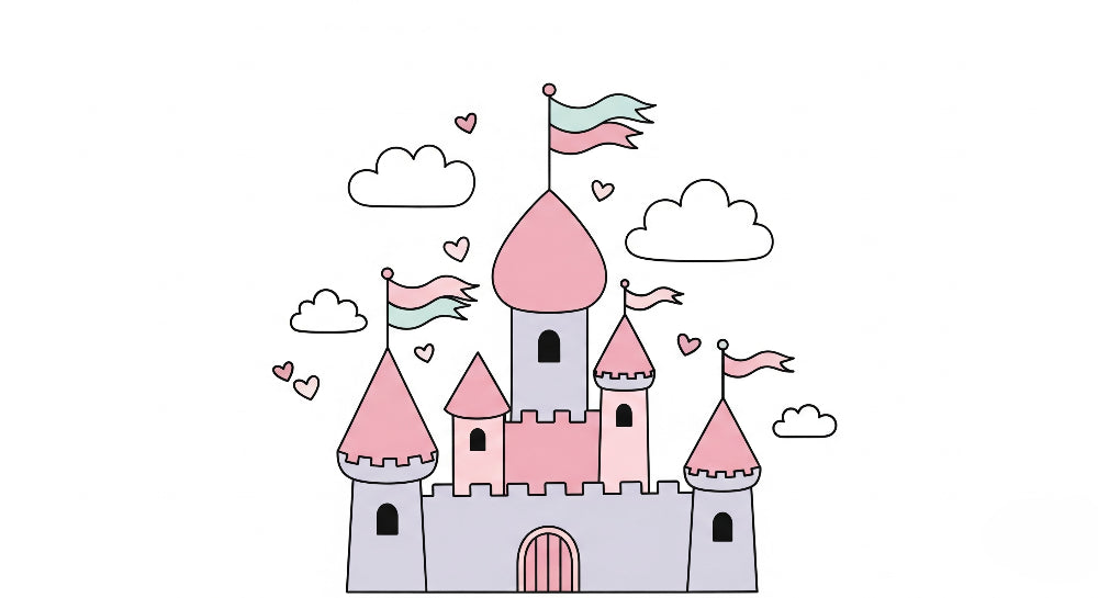 Detailed fairy castle mural wallpaper design pattern with pink towers and floating flags by Kids-Mundo