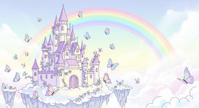 Detailed fairy castle mural wallpaper design pattern with butterflies and rainbow by Kids-Mundo
