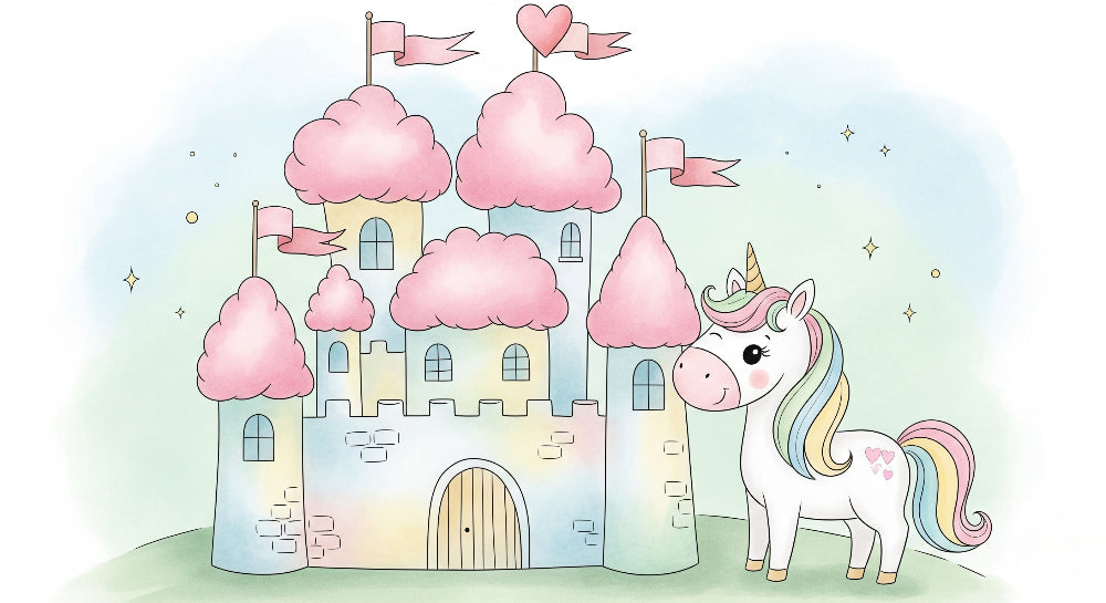 Detailed fairy castle and unicorn mural wallpaper design pattern with pink clouds by Kids-Mundo